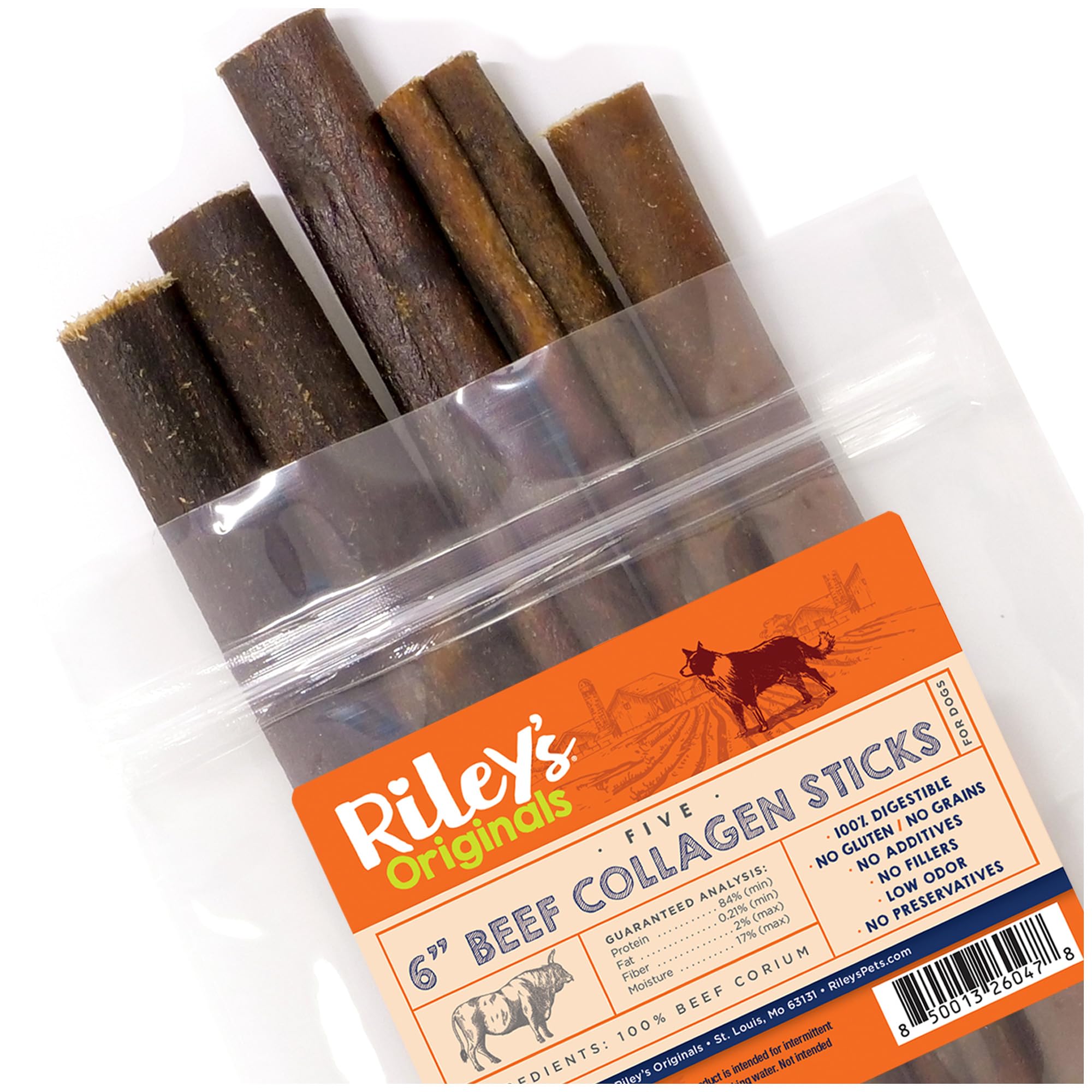 Riley's 6-Inch beef collagen sticks in packaging show a long-lasting chew
