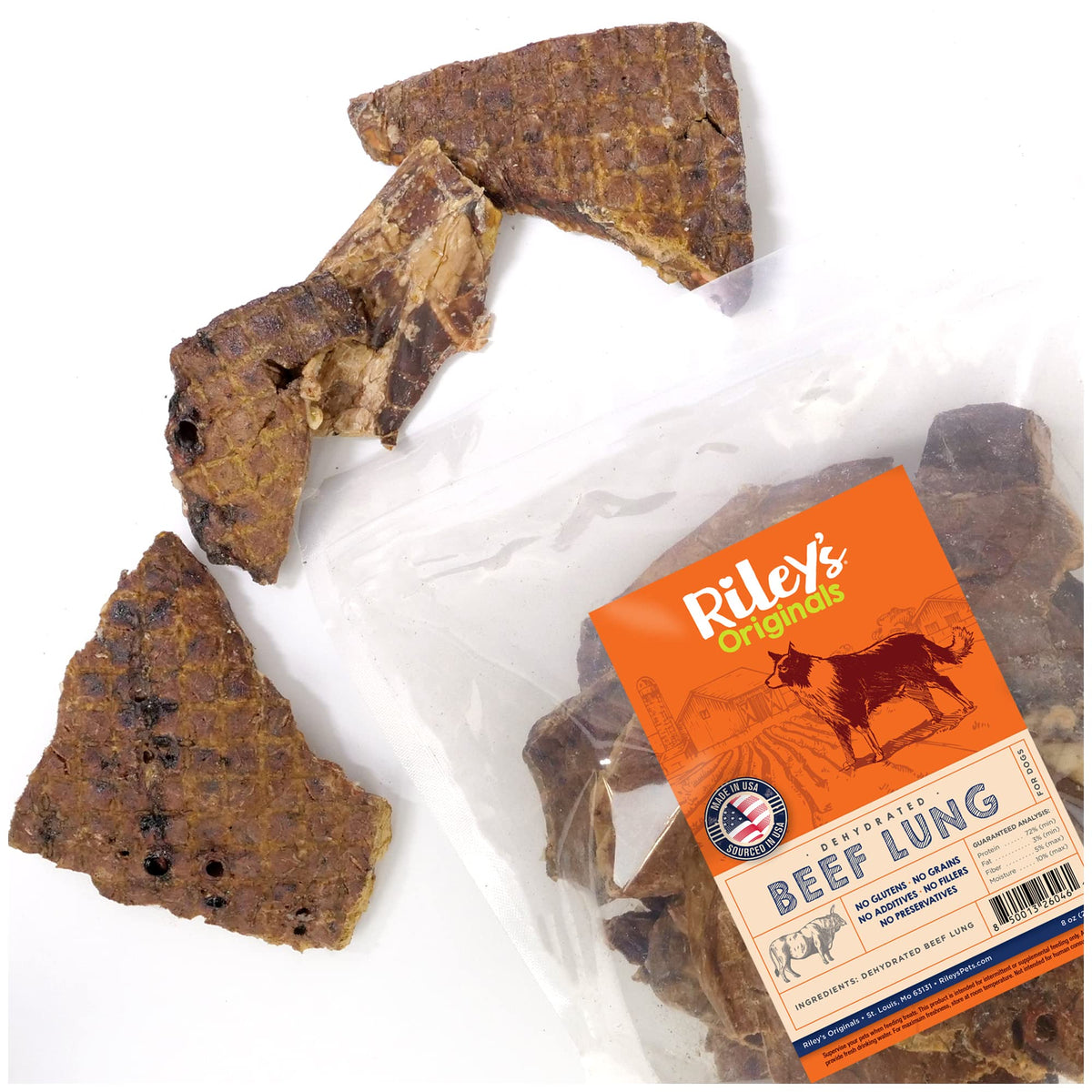 Riley's Dehydrated Beef Lung Treats pack shot showing single-ingredient snack ideal for training.