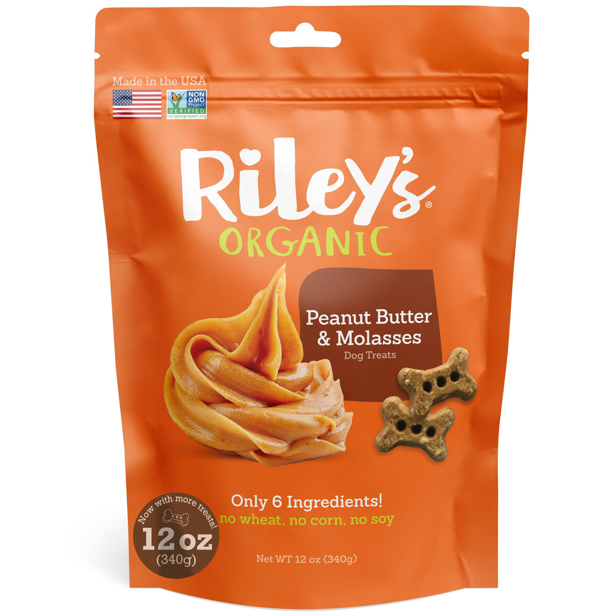 Riley's Dog Biscuits front label showing the peanut butter crunch for training rewards