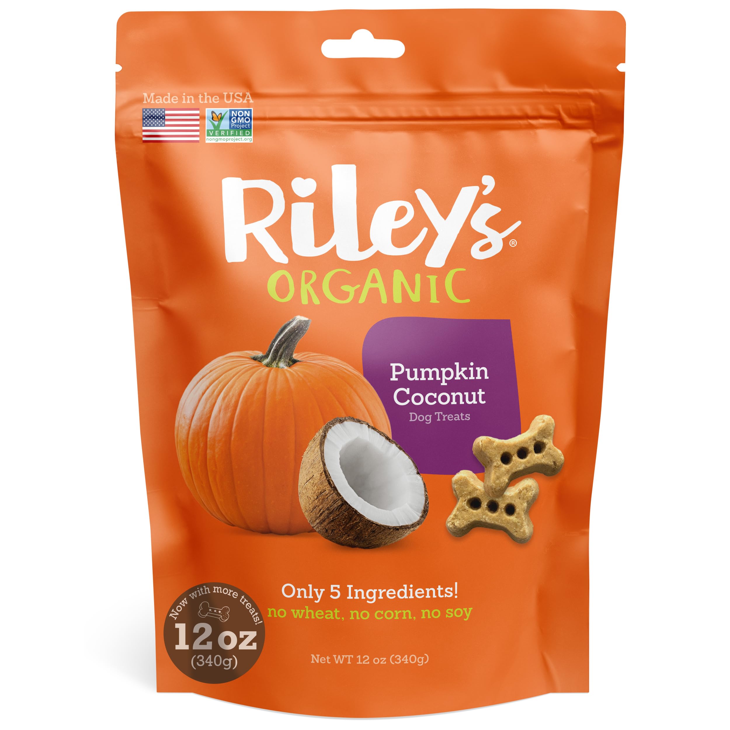 Riley's Pumpkin Coconut packaging shown, all-natural treats for small dogs.