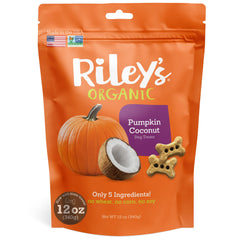 Riley's Pumpkin Coconut packaging shown, all-natural treats for small dogs.