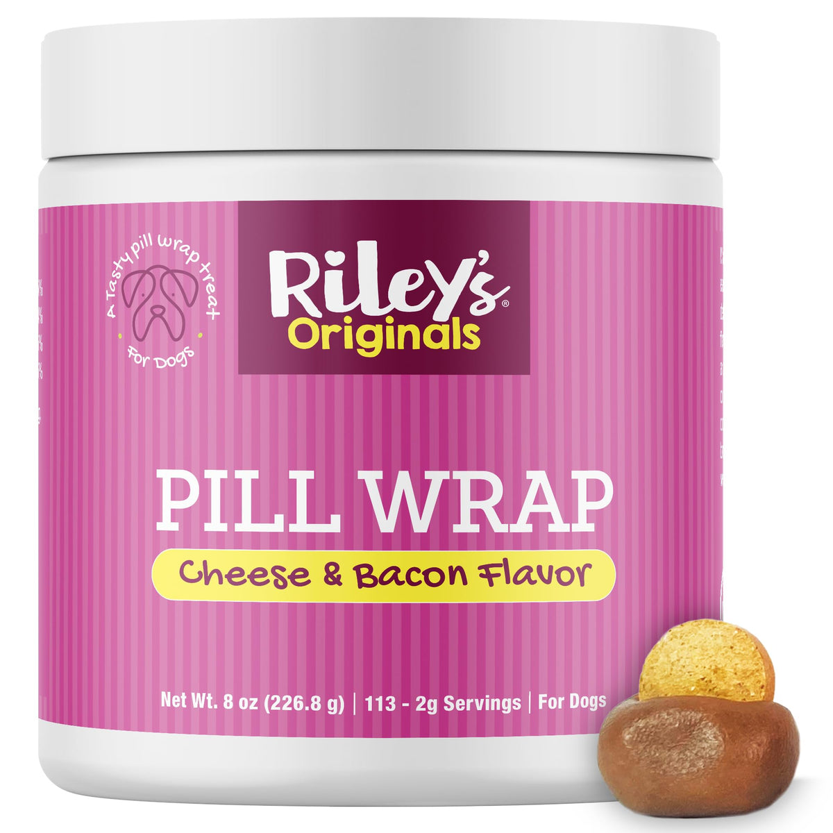 Riley's Pill Wrap bottle of cheese-bacon paste, ideal for masking pills.
