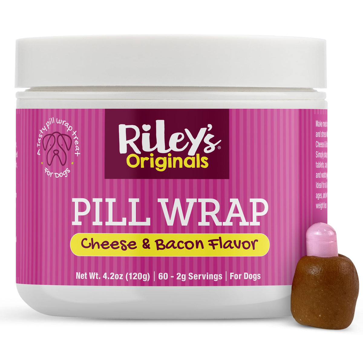 Riley's Pill Wrap dog cheese-bacon paste around a pill for easier administration.