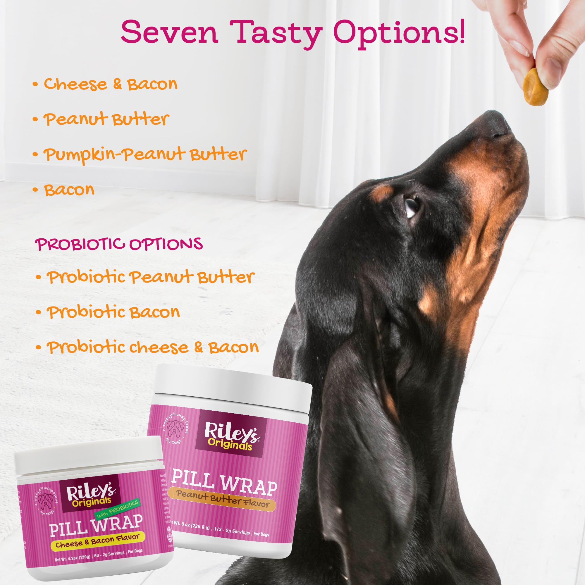 Riley's Pill Wrap cheese-bacon flavor entices dogs during medication time.