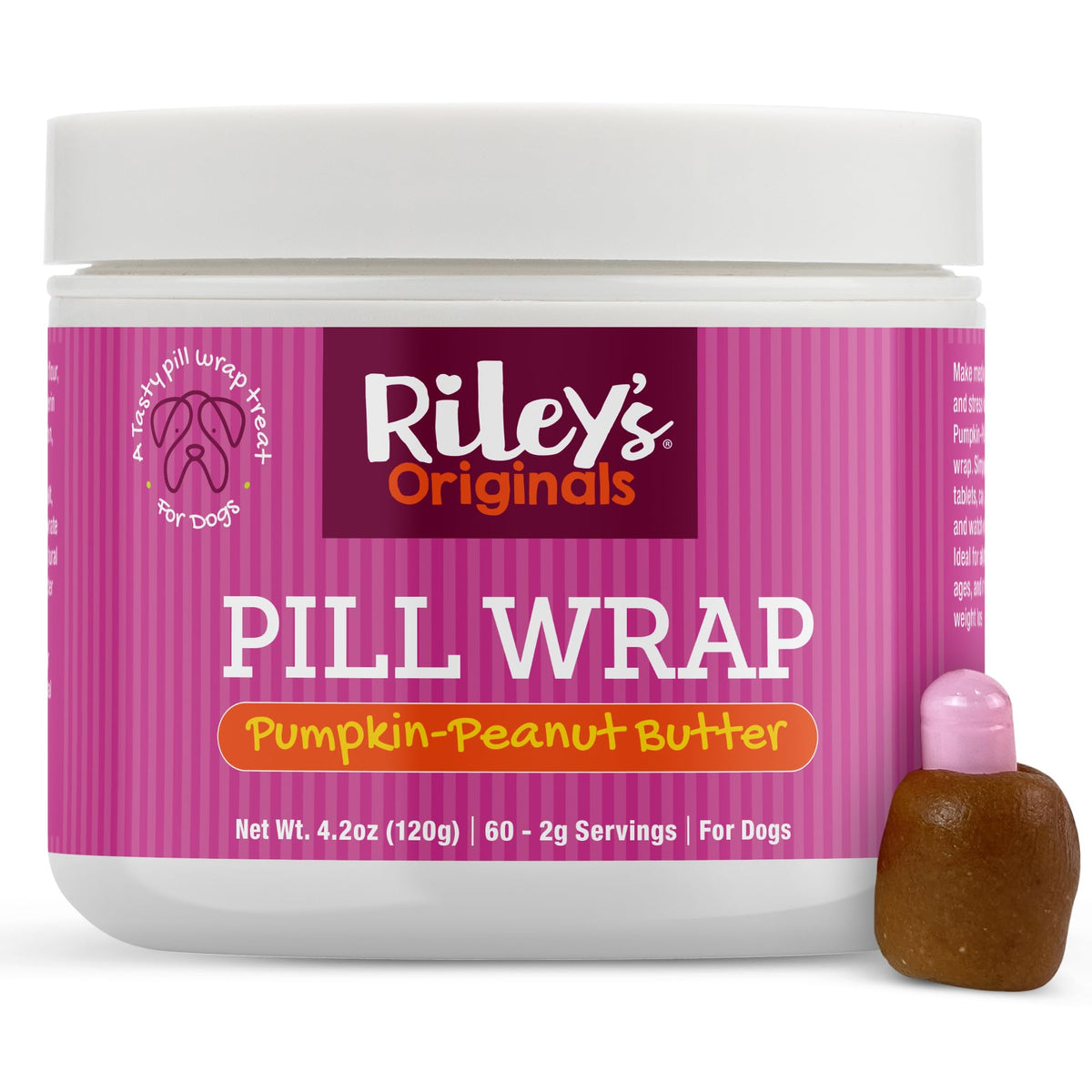 Riley's Pill Wrap pumpkin and peanut butter paste hides pills for dogs, tasty and practical.