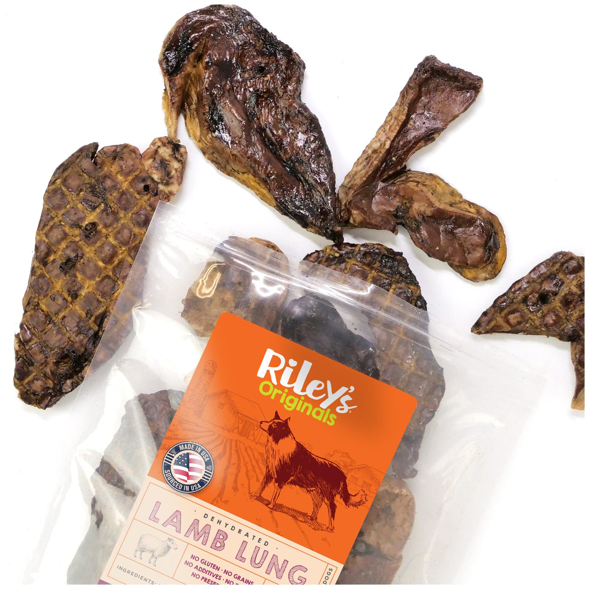Riley's premium lamb lung treats pack-shot highlighting single-ingredient rewards
