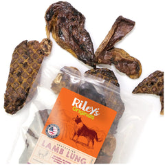 Riley's premium lamb lung treats pack-shot highlighting single-ingredient rewards