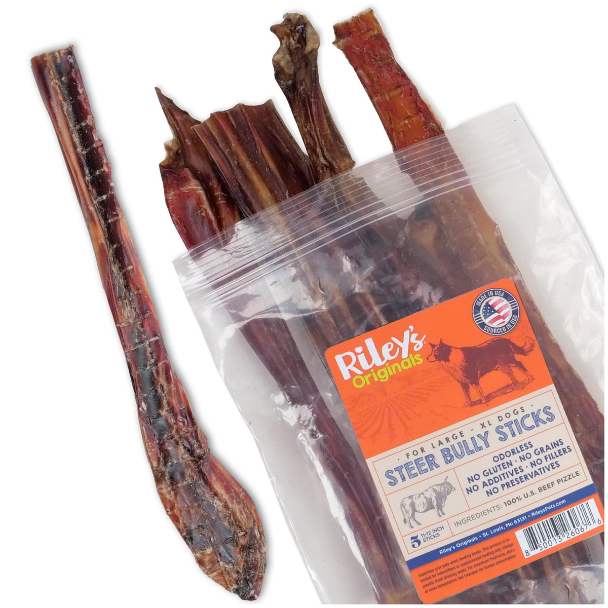 Riley's steer bully stick 12-inch for large dogs, long-lasting and satisfying.