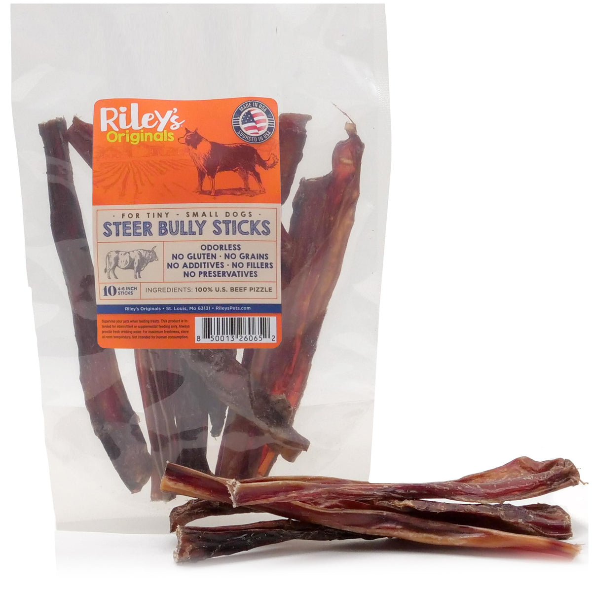 Riley's steer bully sticks for tiny dogs, 4-6 inch size, ideal for light chewers.