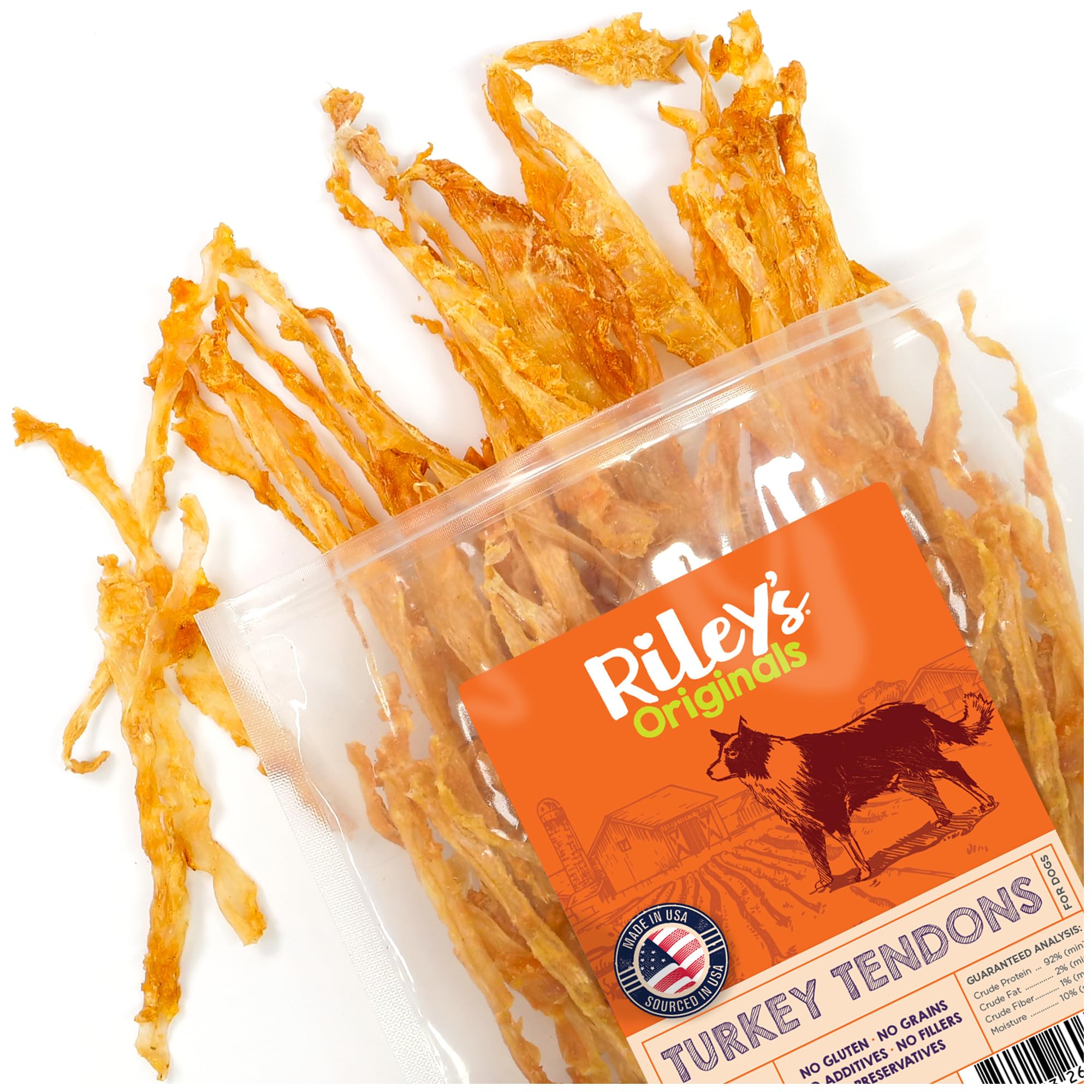Riley's Turkey Tendons close-up texture for dogs, highlighting the chew's dental-friendly surface.