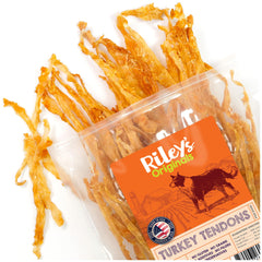 Riley's Turkey Tendons close-up texture for dogs, highlighting the chew's dental-friendly surface.