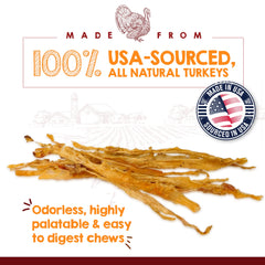 Close-up texture reveals chewy, satisfying Riley's Turkey Tendons for dogs.