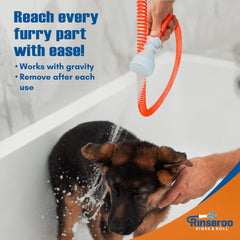 Rinseroo versatile tool ideal for indoor baths, seniors, RVs and on-the-go grooming.