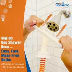 Rinseroo six-foot hose extends reach for thorough rinses from any angle.