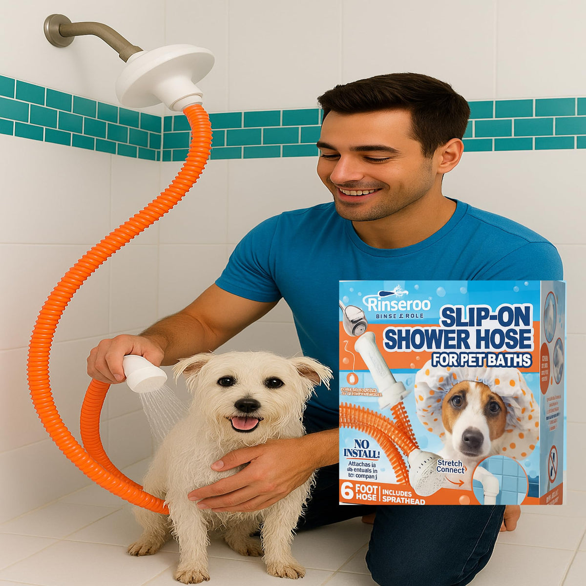 Rinseroo dog shower attachment slips on over the showerhead for quick pet baths.