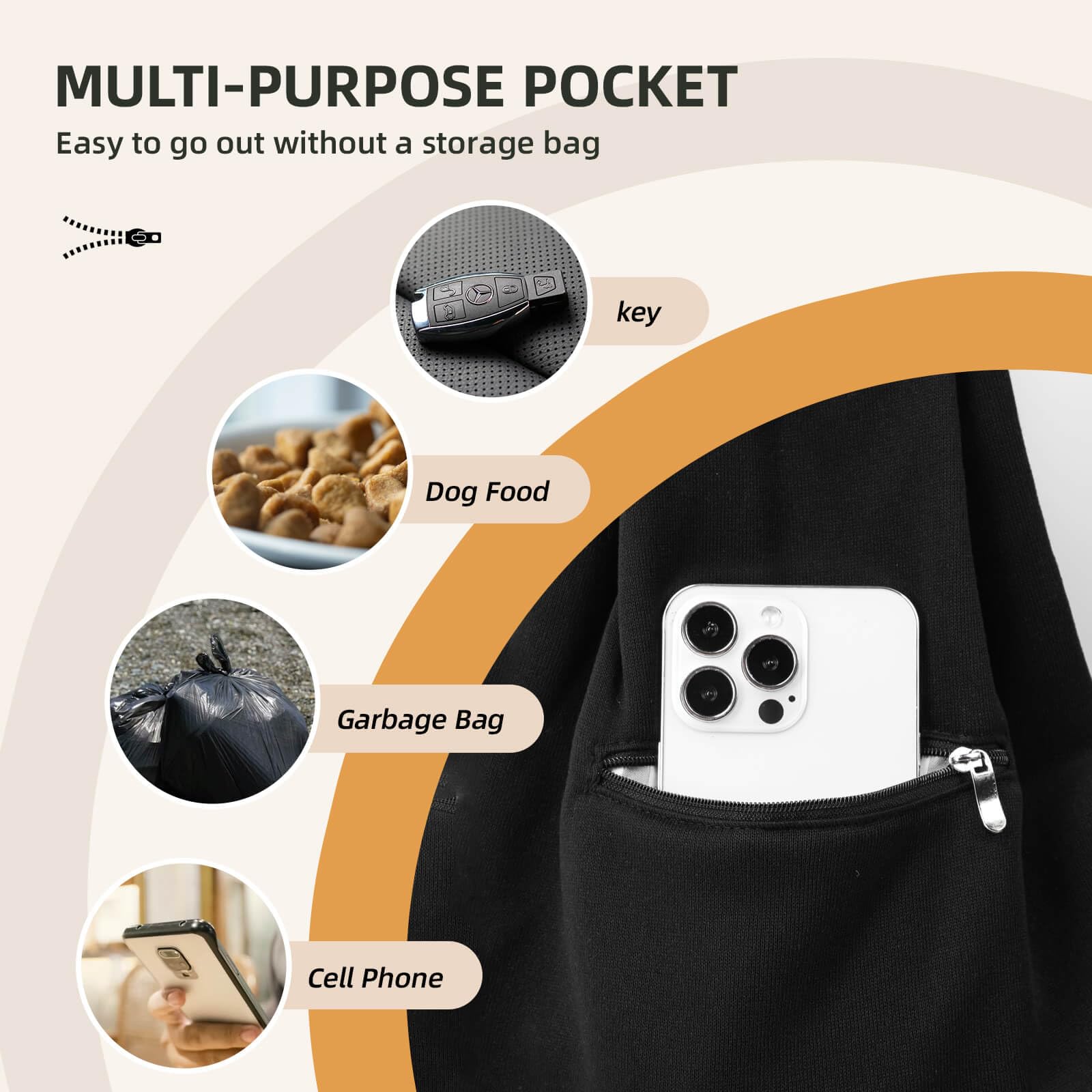 Riuja dog sling with zipper pocket detail for quick on-the-go storage