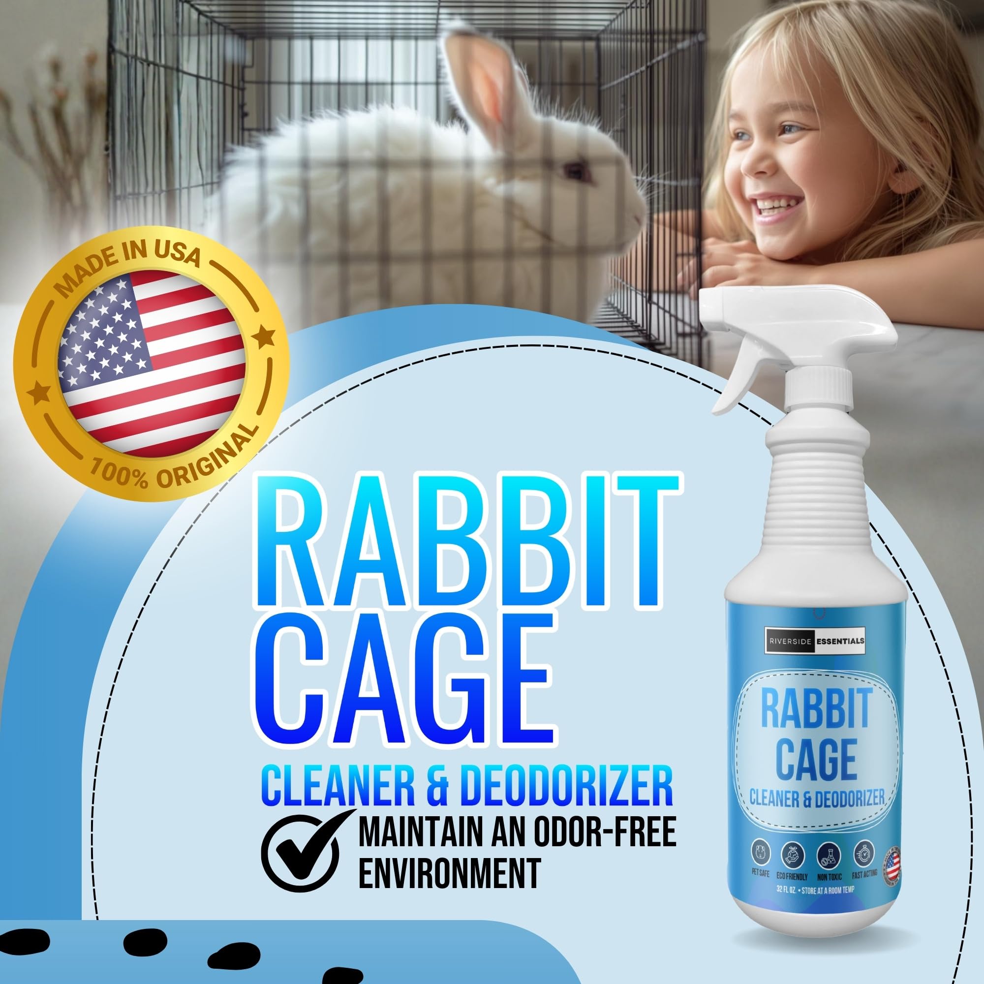 Riverside Essentials rabbit cage deodorizer spray action neutralizes odors at the source