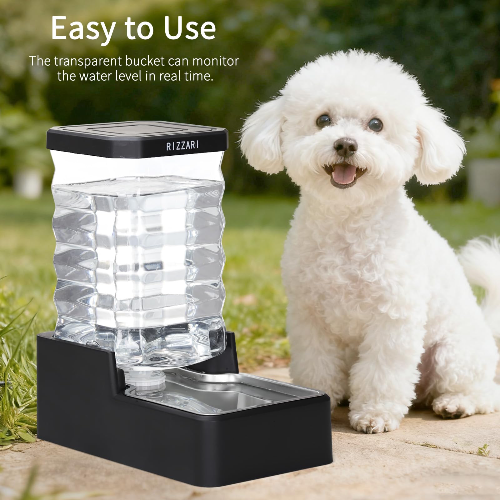 RIZZARI 8L gravity waterer for multi-pet homes and busy routines.