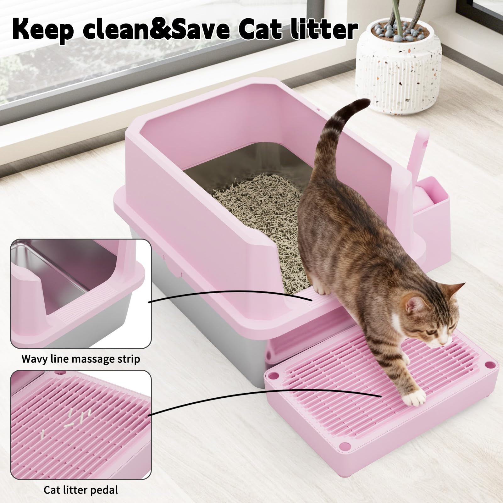 RIZZARI elevated edges prevent spills and contain litter inside the box.