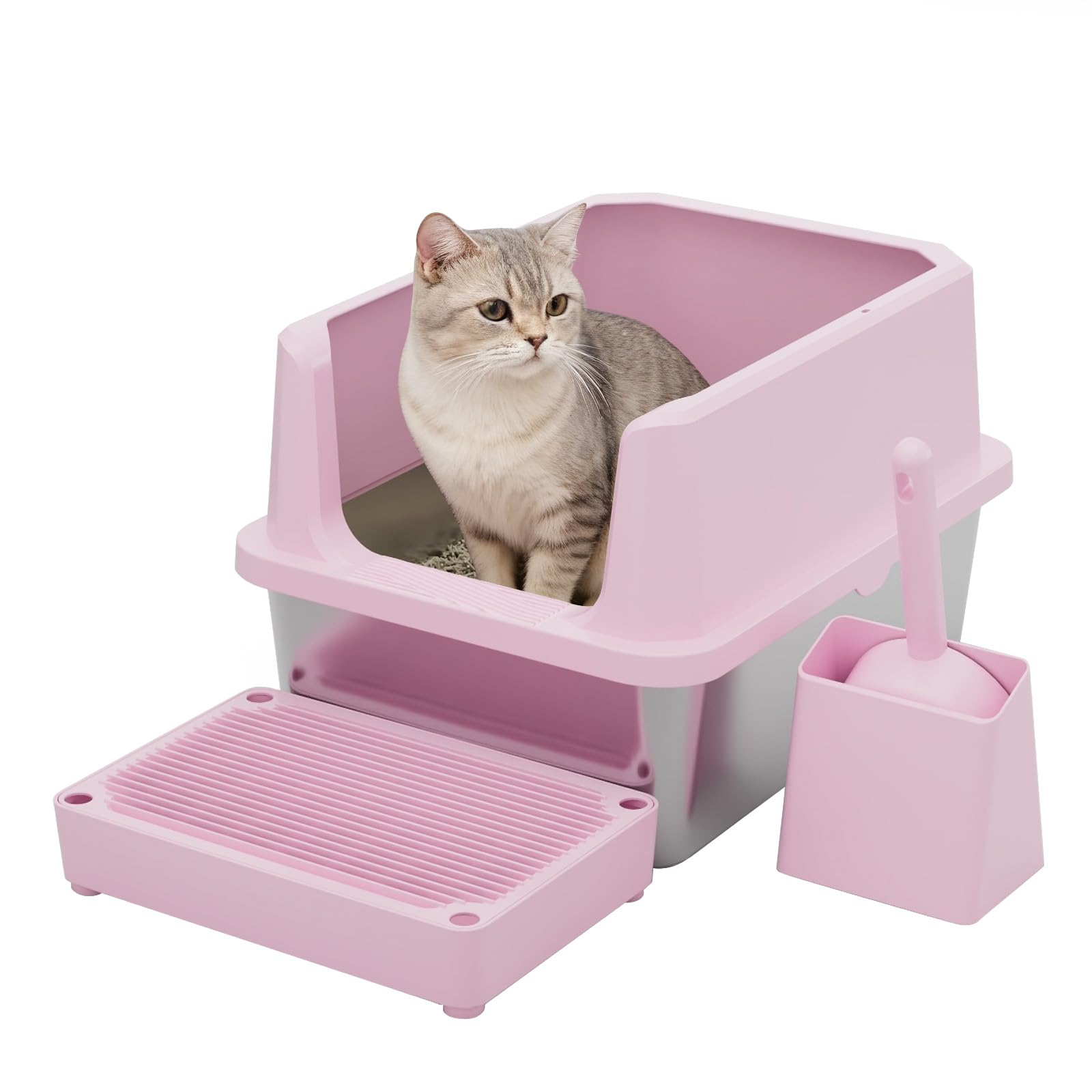 RIZZARI pink open-top litter box with stainless steel basin for easy cleaning and odor control.