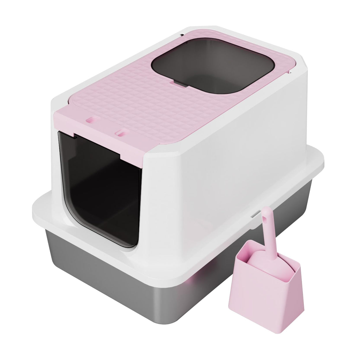 RIZZARI enclosed cat litter box with top exit for privacy and easy entry.