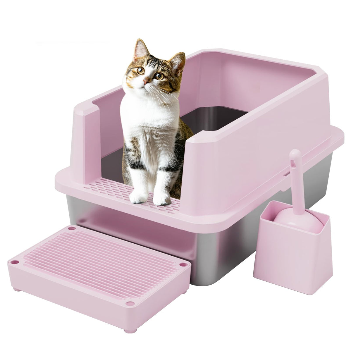 RIZZARI large cat litter box pink open pan for privacy and comfort