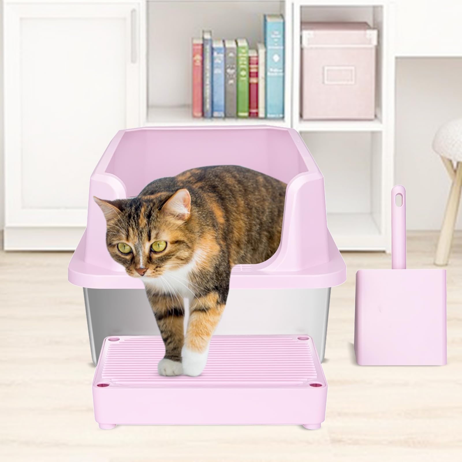 RIZZARI open litter box supports big cats up to 20 lbs with comfort