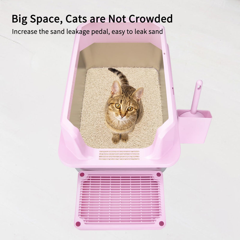 RIZZARI pink litter box with high walls minimizes litter scatter around the home