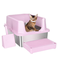 RIZZARI Open Cat Litter Box in pink stainless steel for spacious feline comfort and easy cleaning