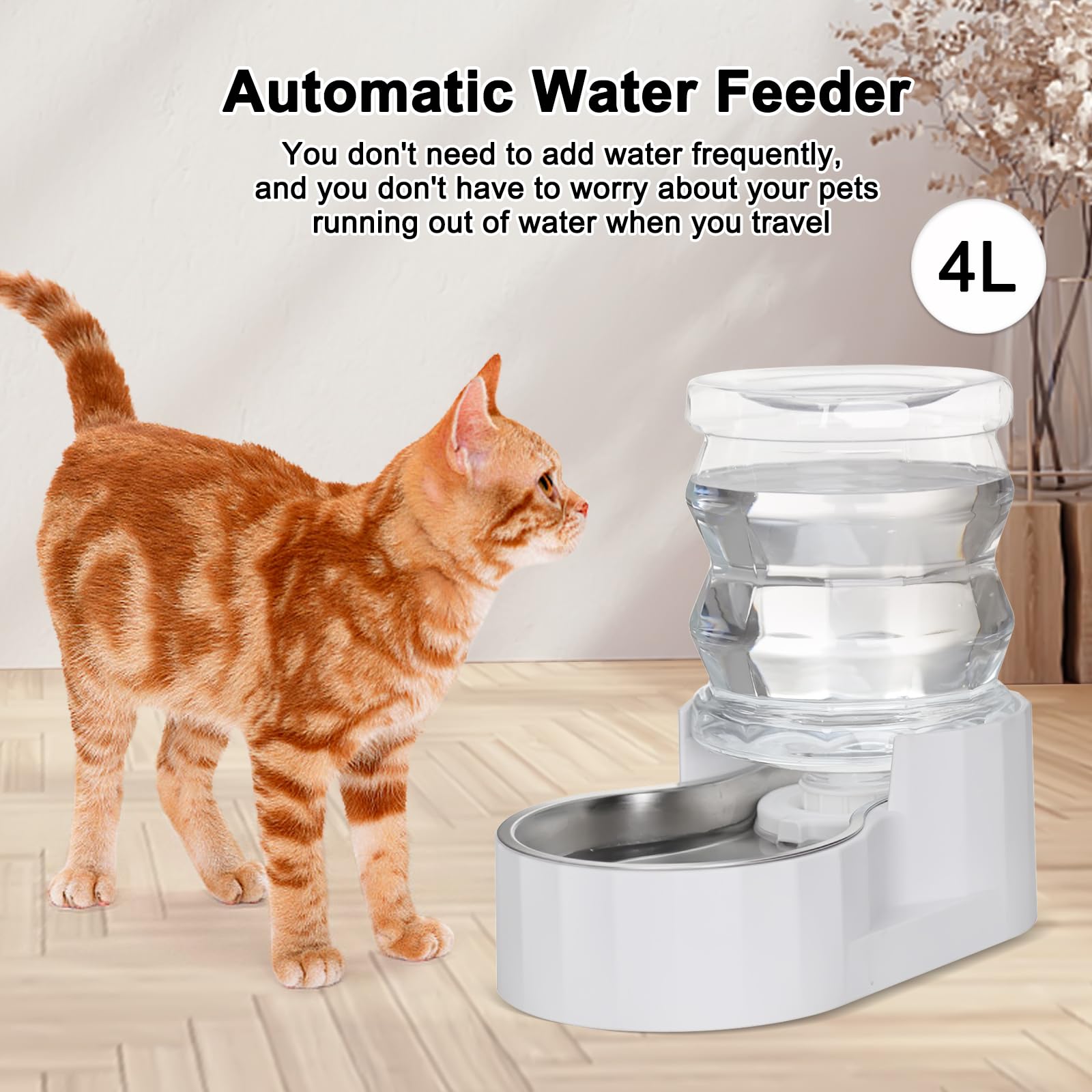 RIZZARI dispenser showing 4L capacity for cats and small dogs