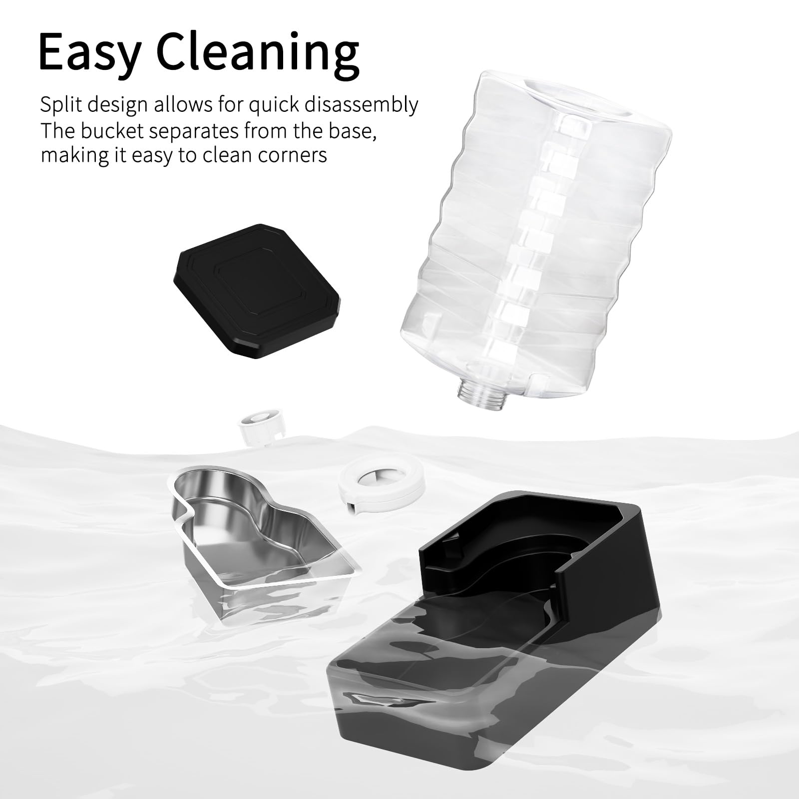 RIZZARI splash-resistant base keeps floors dry during refills.