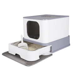 RIZZARI stainless-steel cat box exterior in light gray, a durable privacy enclosure.