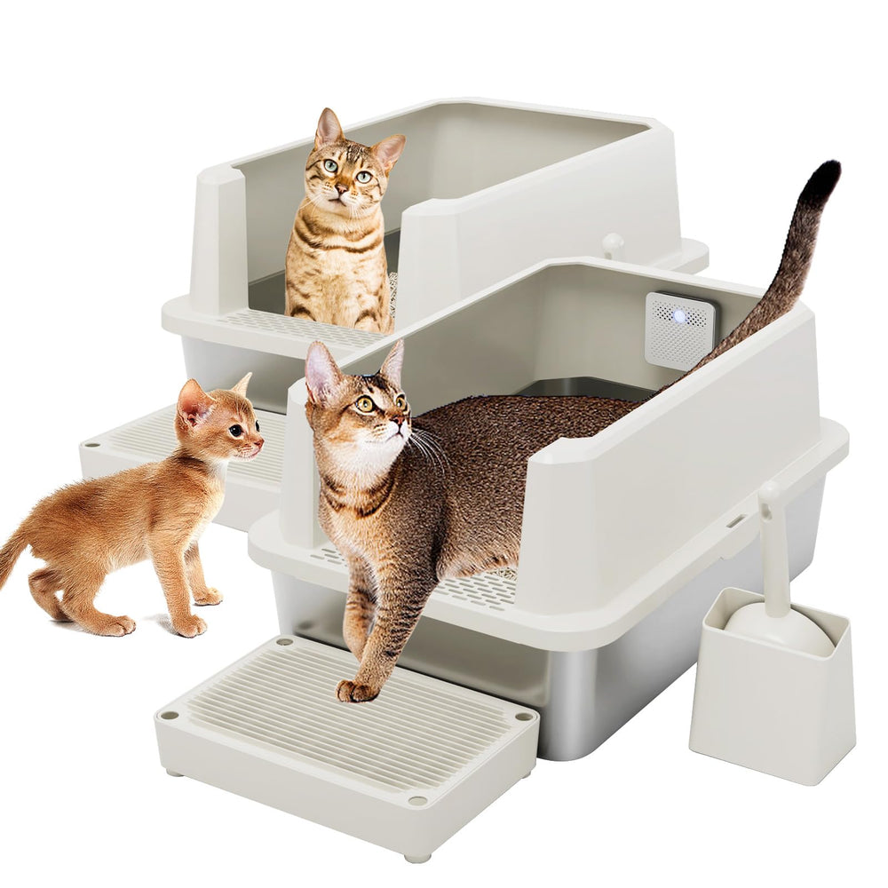 RIZZARI stainless steel litter box beige open-top for easy access and quick cleaning.