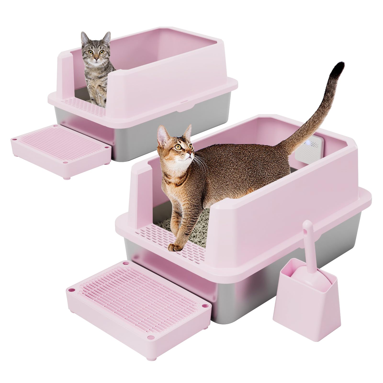 RIZZARI stainless steel litter box with open pink tray for comfortable access