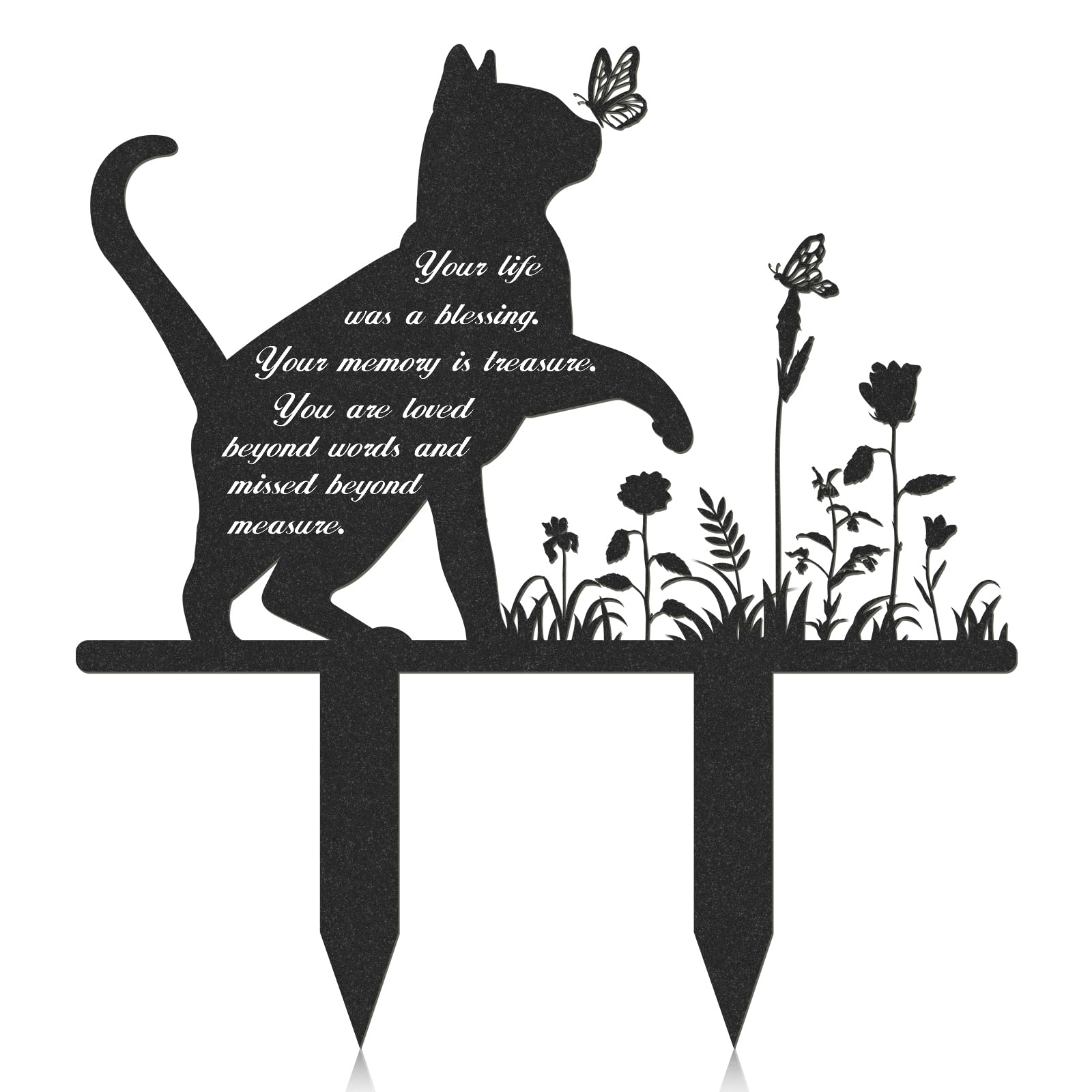 Rngmsi memorial pet grave marker with cat, flowers, and butterflies for lawn display.