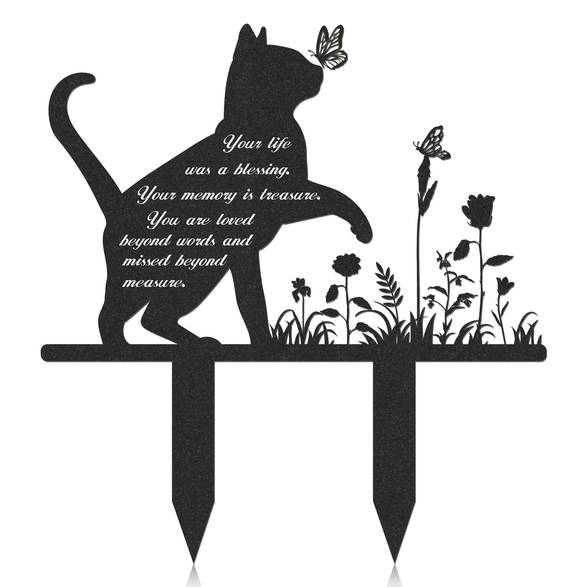 Rngmsi memorial pet grave marker with cat, flowers, and butterflies for lawn display.