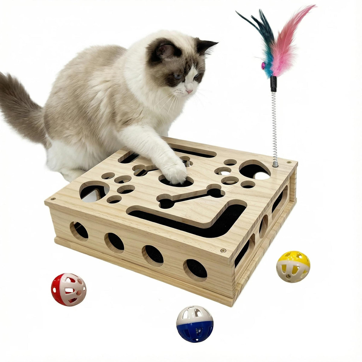 RoadAlchemist cat scratch puzzle box front view, enrichment during scratching.