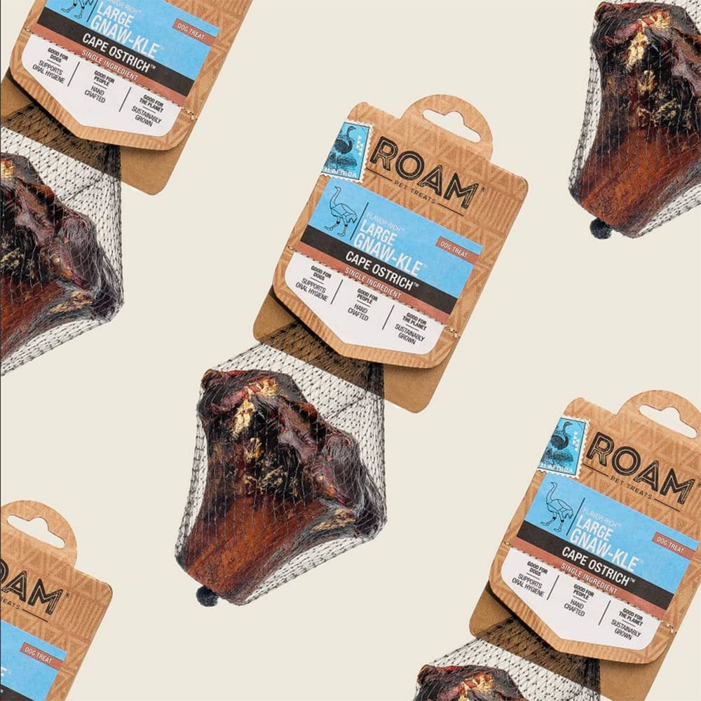 ROAM long-lasting ostrich bone chew designed for extended gnaw sessions.