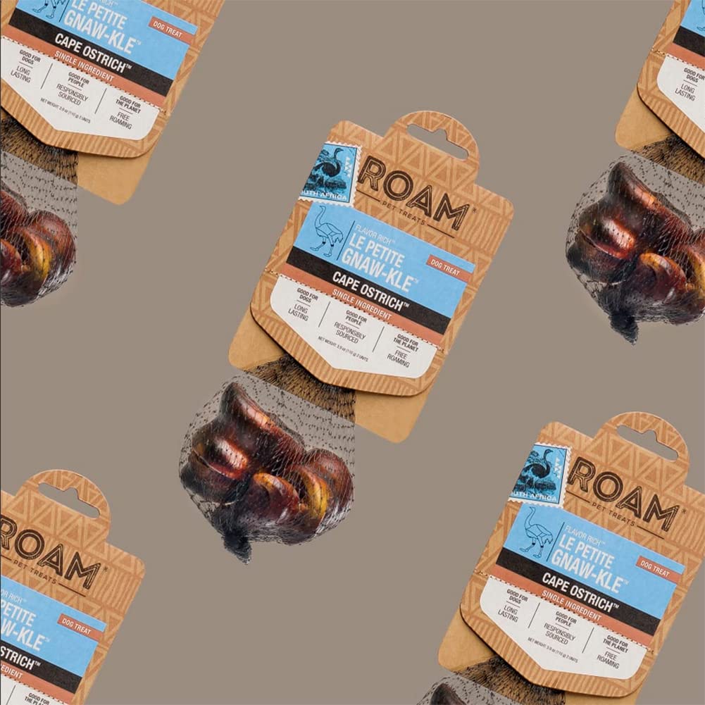ROAM ostrich dog chew close-up with natural oils for flavor.