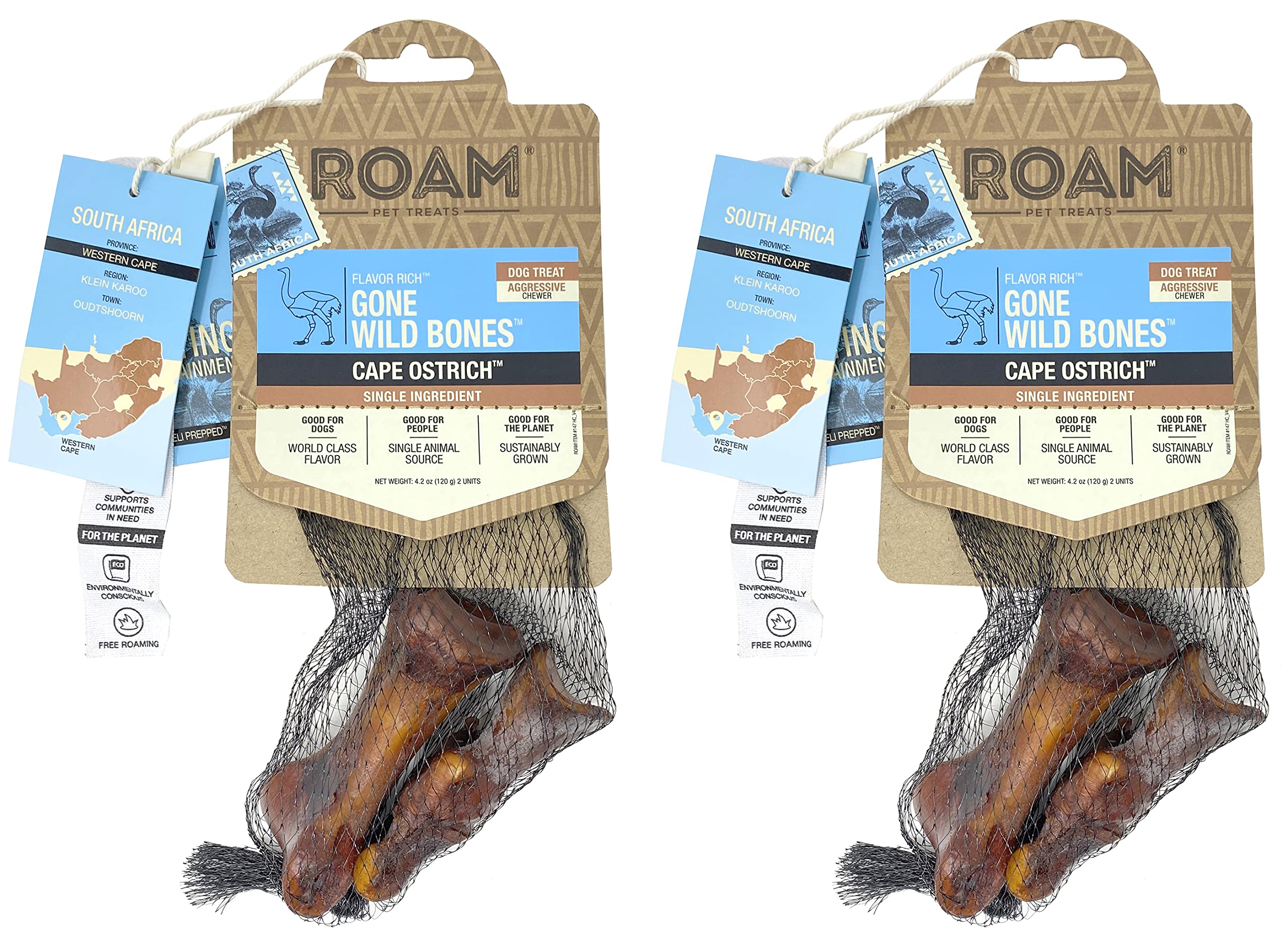 ROAM Ostrich Dog Chew pack-2 with two durable treats for small to medium dogs
