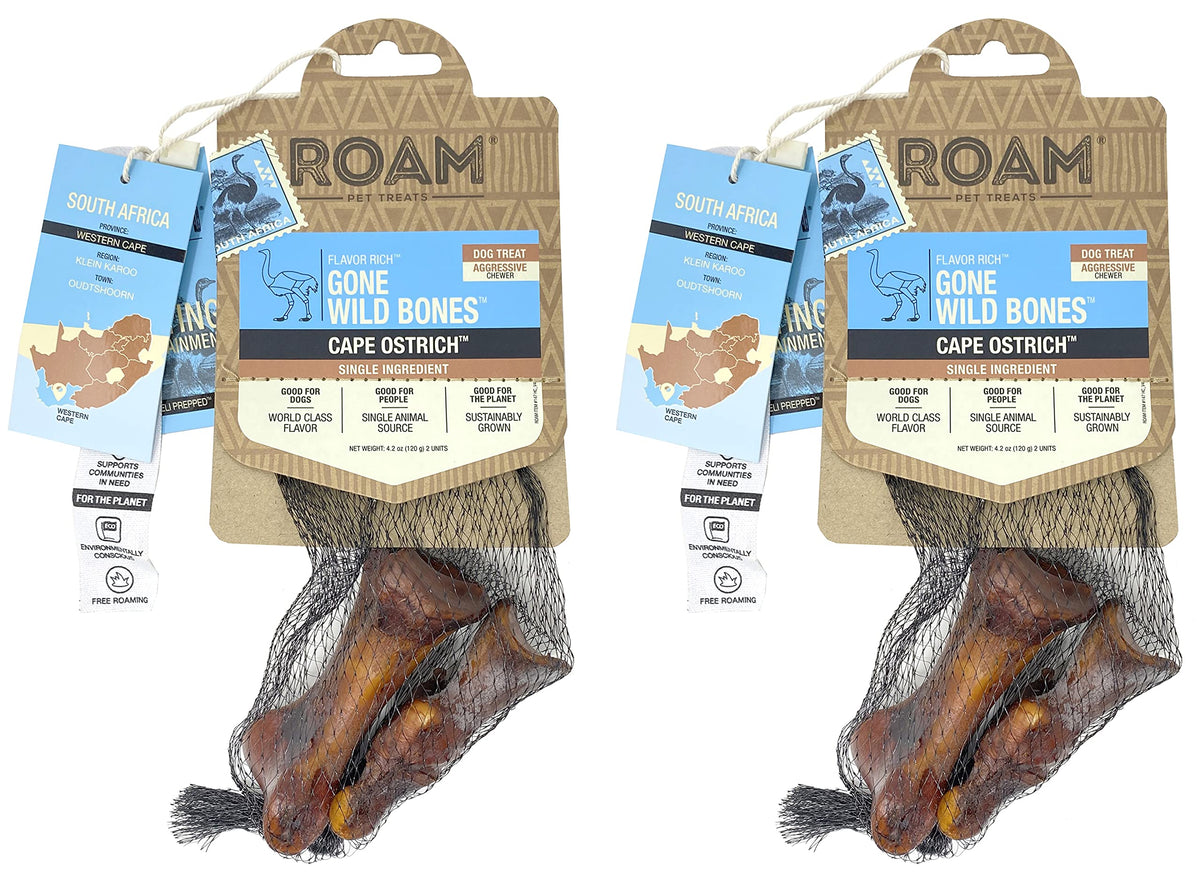 ROAM Ostrich Dog Chew pack-2 with two durable treats for small to medium dogs