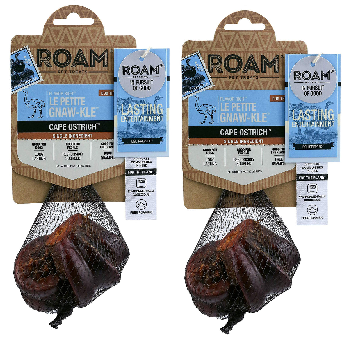 ROAM Ostrich Dog Chew Pack 2 for small dogs provides long-lasting entertainment.