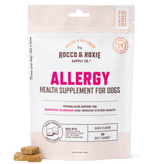 Rocco & Roxie allergy relief chews, duck flavor, supports itchy skin