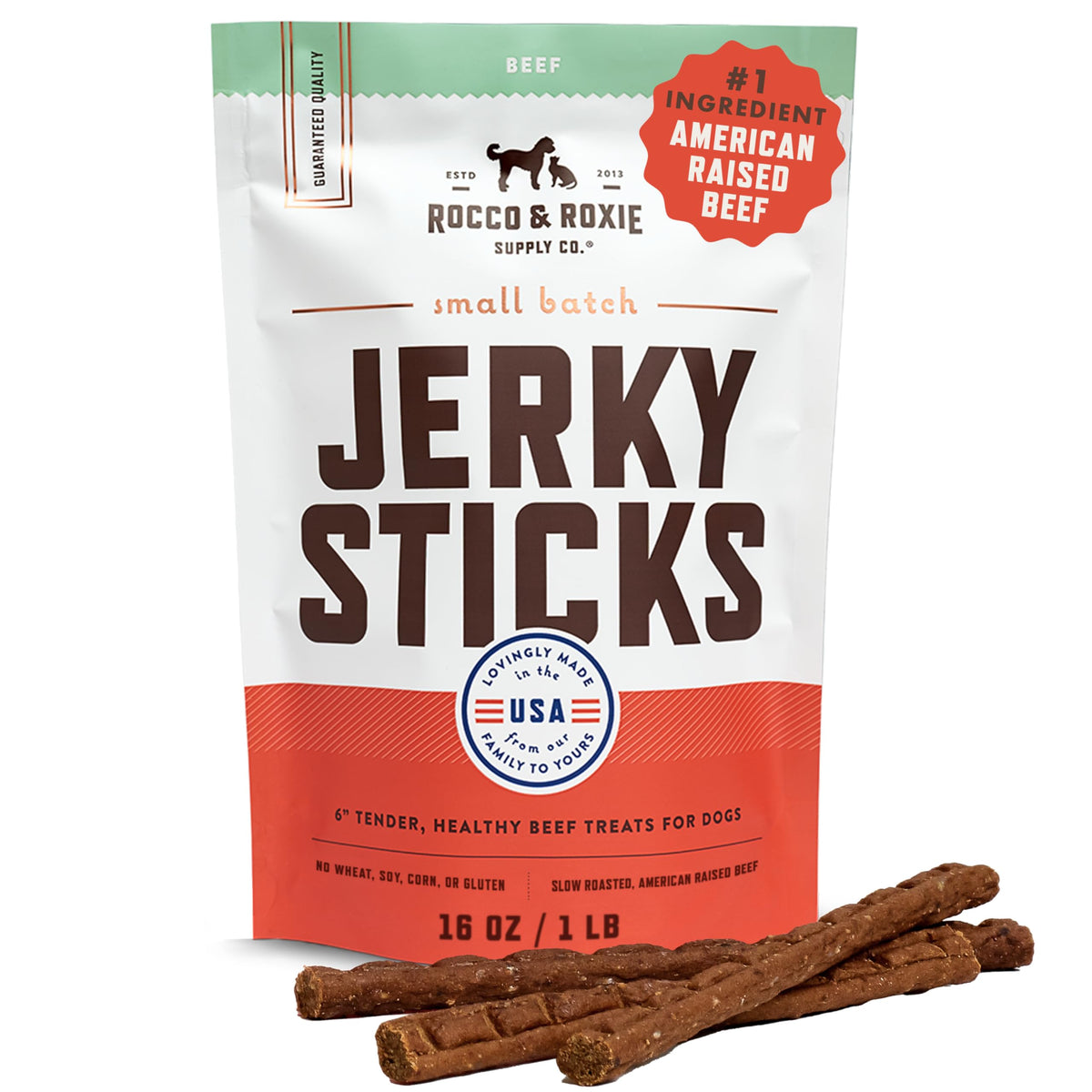 Rocco & Roxie beef jerky dog treats 1lb pack, premium training reward for all breeds.