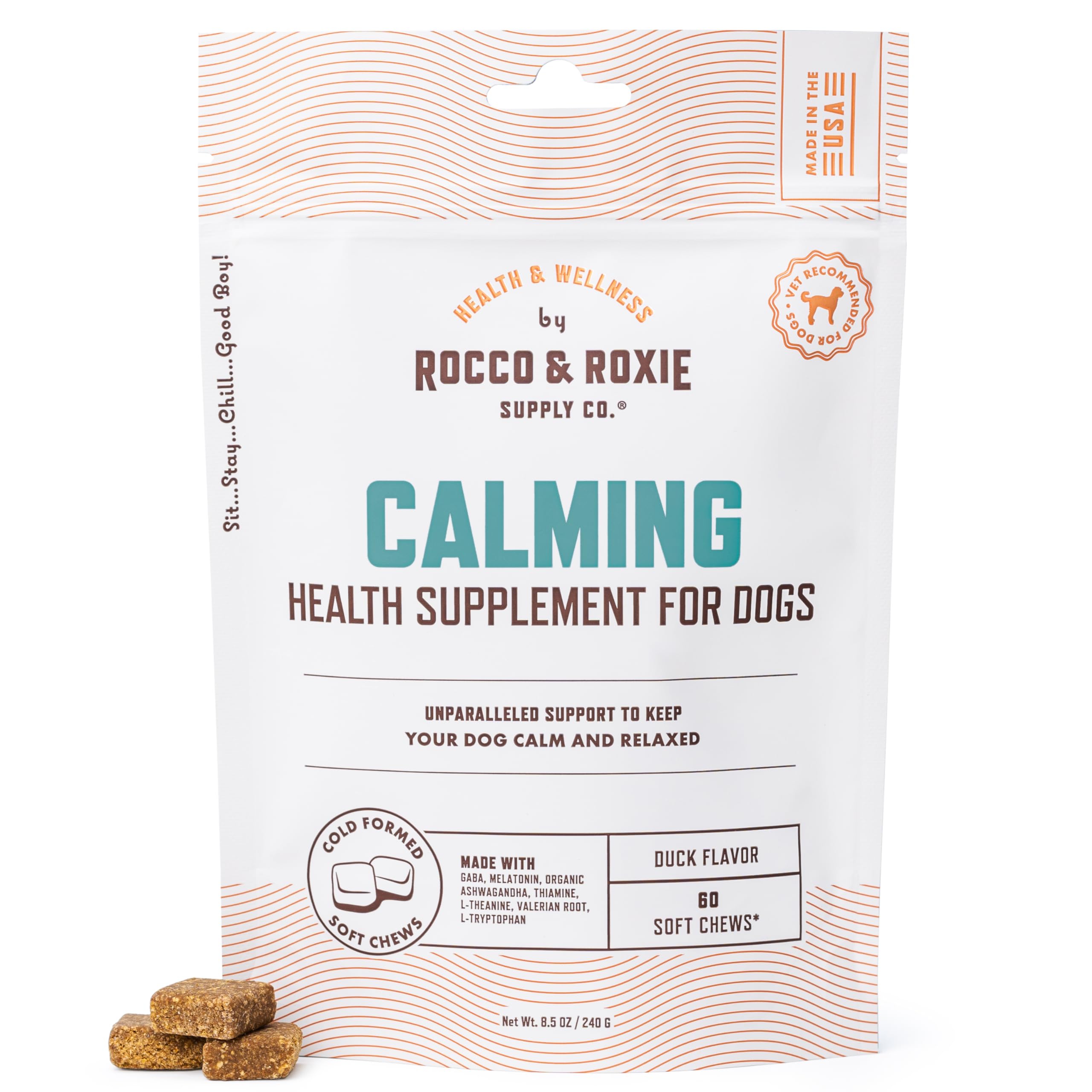 Rocco and Roxie Calming Chews bag front with duck flavor for stress relief