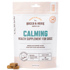 Rocco and Roxie Calming Chews bag front with duck flavor for stress relief