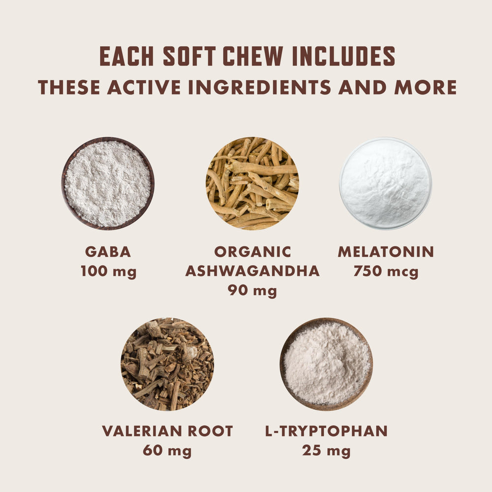 Rocco and Roxie Calming Chews label shows melatonin and valerian for restful moments