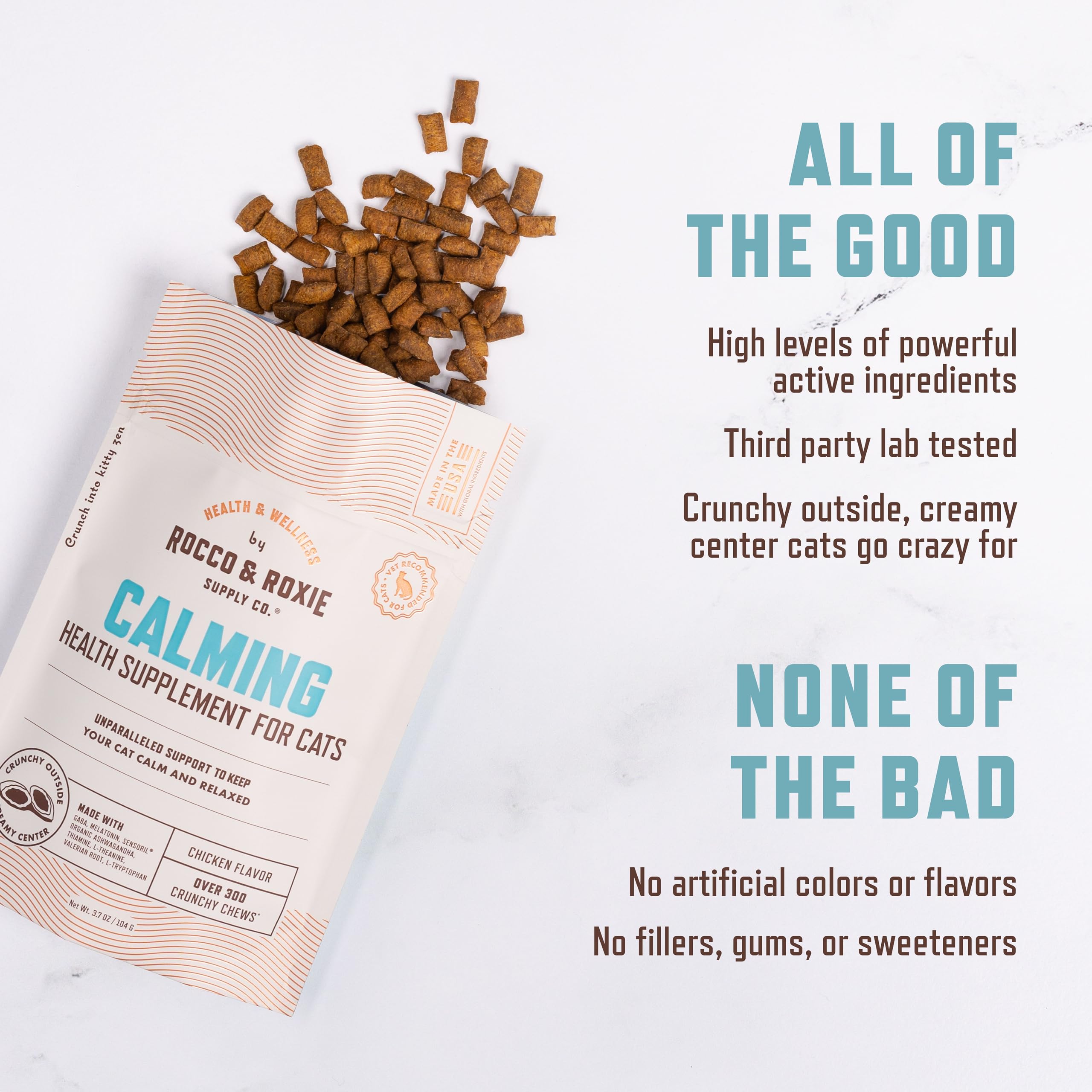 Rocco & Roxie Calming Treats with ashwagandha offer natural support.