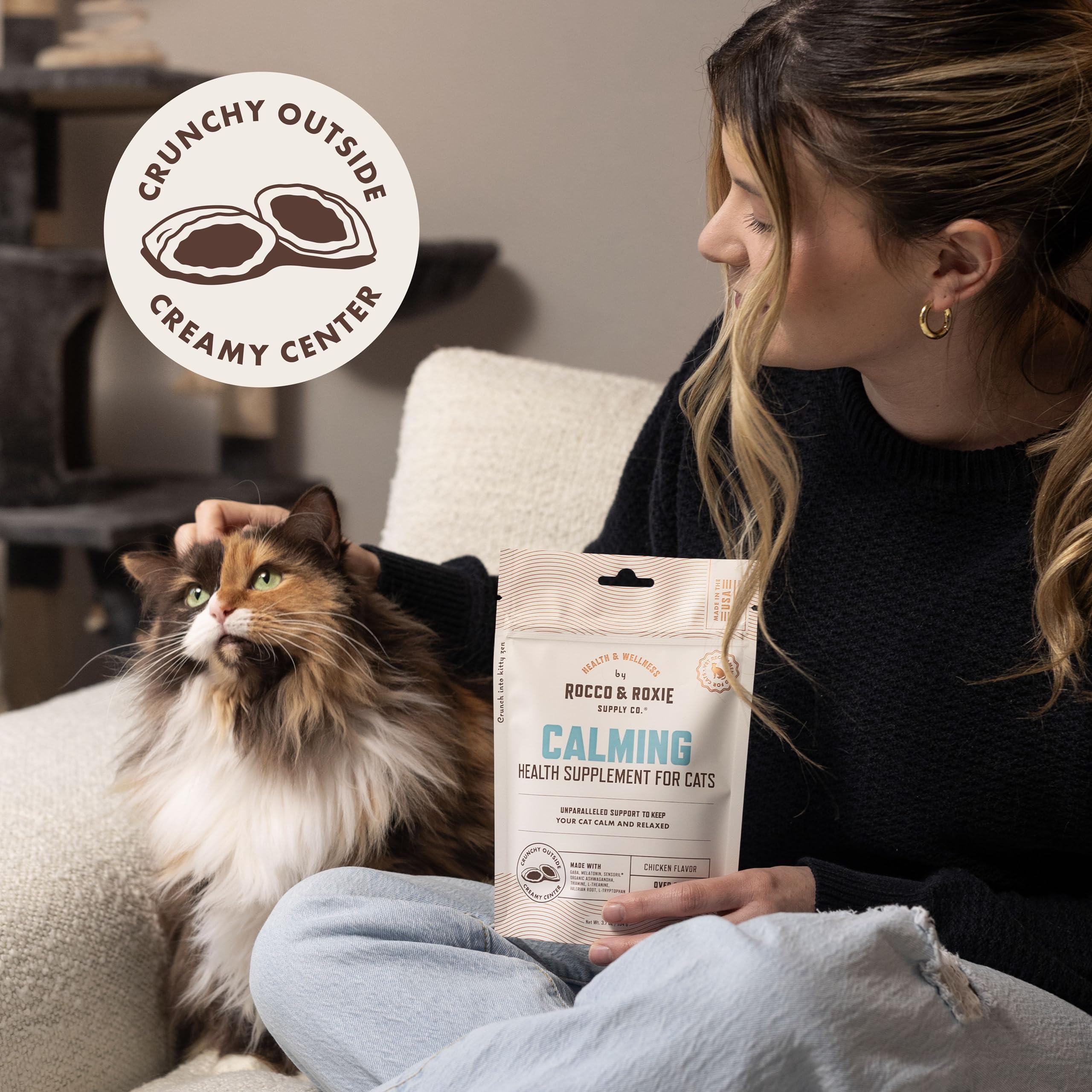 Rocco & Roxie Calming Treats chicken chews ease stress after storms.