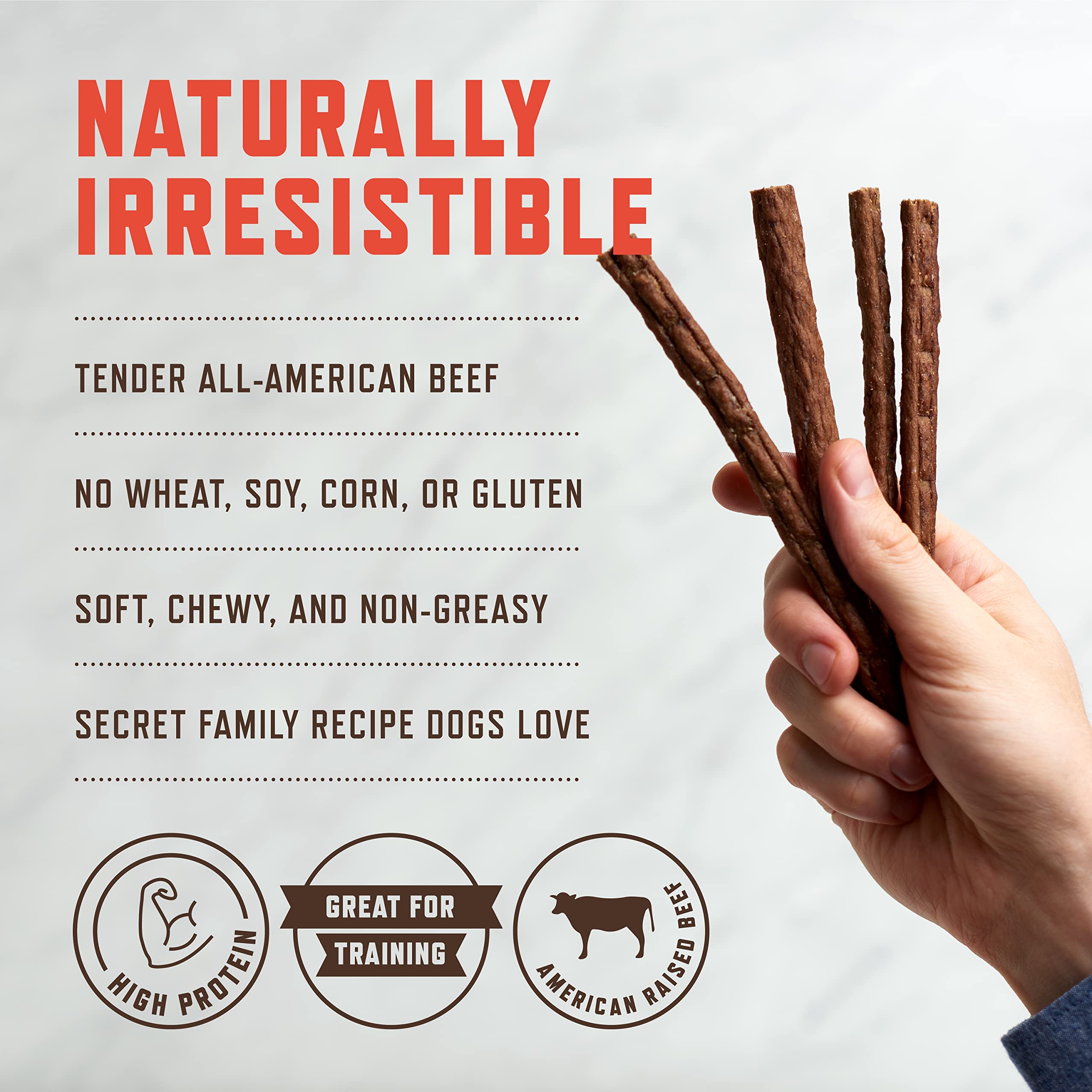 Rocco & Roxie chicken jerky close-up texture highlights tender chew.